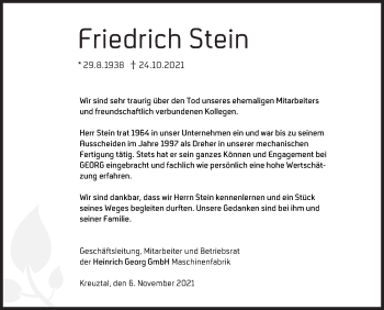 Traueranzeige von Friedrich Stein von Siegener Zeitung