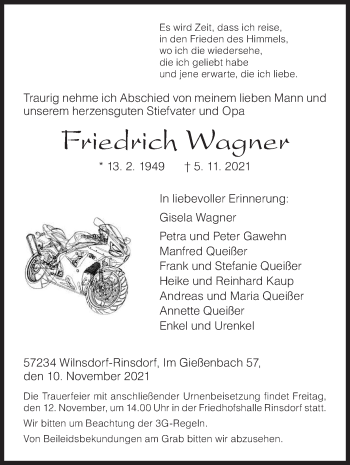 Traueranzeige von Friedrich Wagner von Siegener Zeitung