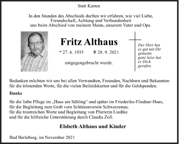 Traueranzeige von Fritz Althaus von Siegener Zeitung