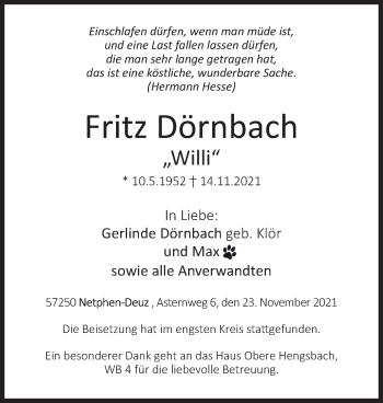 Traueranzeige von Fritz Dörnbach von Siegener Zeitung