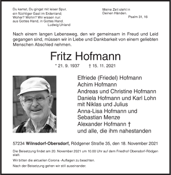 Traueranzeige von Fritz Hofmann von Siegener Zeitung