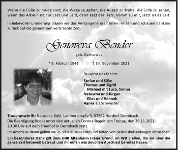 Traueranzeige von Genoveva Bender von Siegener Zeitung