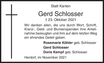 Traueranzeige von Gerd Schlosser von Siegener Zeitung