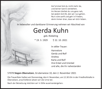 Traueranzeige von Gerda Kuhn von Siegener Zeitung