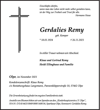 Traueranzeige von Gerdalies Remy von Siegener Zeitung