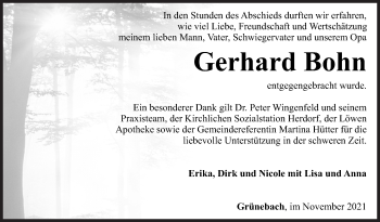 Traueranzeige von Gerhard Bohn von Siegener Zeitung