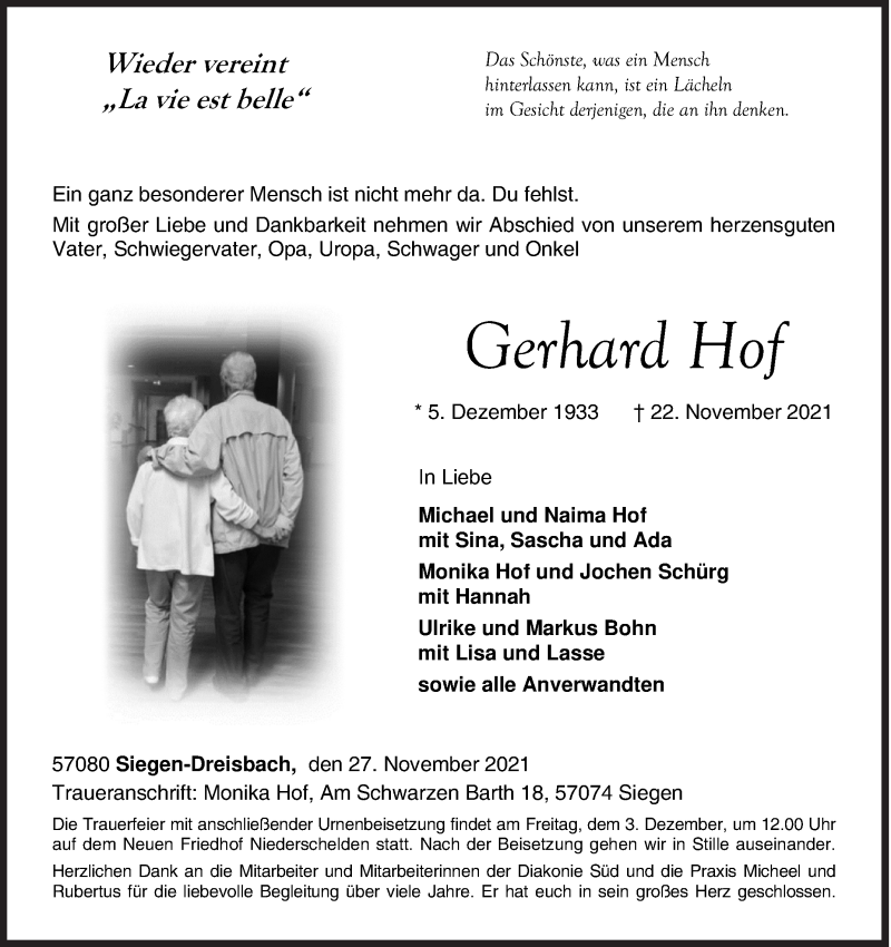  Traueranzeige für Gerhard Hof vom 27.11.2021 aus Siegener Zeitung