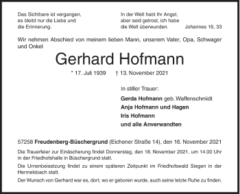 Traueranzeige von Gerhard Hofmann von Siegener Zeitung