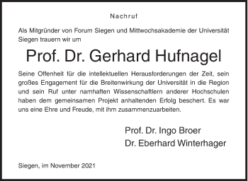 Traueranzeige von Gerhard Hufnagel von Siegener Zeitung