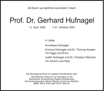 Traueranzeige von Gerhard Hufnagel von Siegener Zeitung