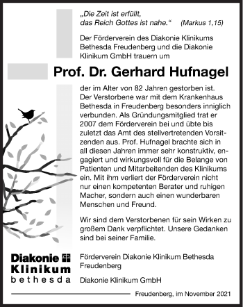 Traueranzeige von Gerhard Hufnagel von Siegener Zeitung