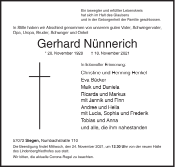 Traueranzeige von Gerhard Nünnerich von Siegener Zeitung
