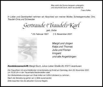 Traueranzeige von Gertraude Karl von Siegener Zeitung