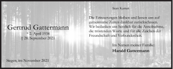 Traueranzeige von Gertrud Gattermann von Siegener Zeitung
