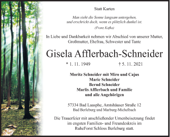 Traueranzeige von Gisela Afflerbach-Schneider von Siegener Zeitung