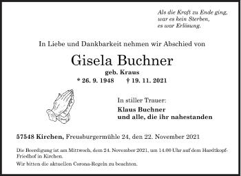 Traueranzeige von Gisela Buchner von Siegener Zeitung