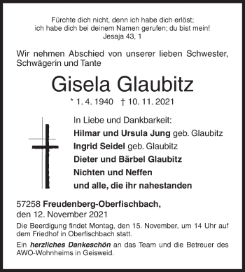 Traueranzeige von Gisela Glaubitz von Siegener Zeitung