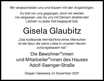 Traueranzeige von Gisela Glaubitz von Siegener Zeitung