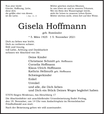 Traueranzeige von Gisela Hoffmann von Siegener Zeitung