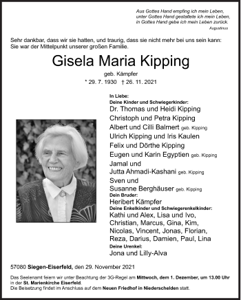 Traueranzeige von Gisela Maria Kipping von Siegener Zeitung