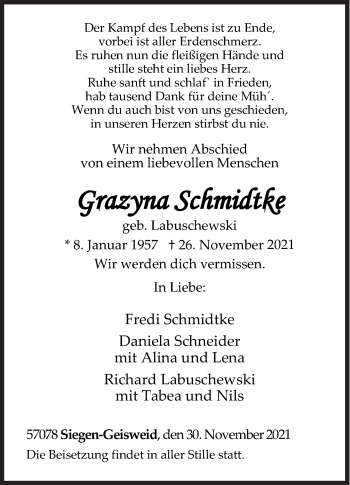 Traueranzeige von Grazyna Schmidtke von Siegener Zeitung