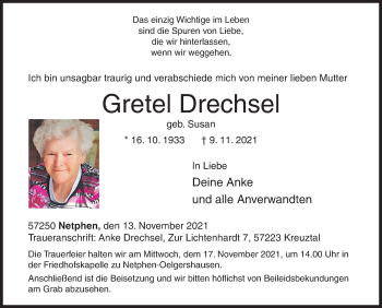 Traueranzeige von Gretel Drechsel von Siegener Zeitung