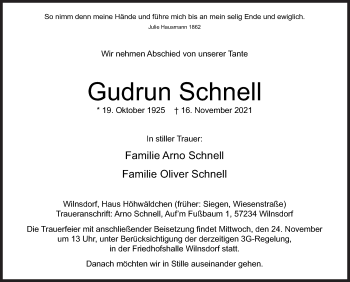 Traueranzeige von Gudrun Schnell von Siegener Zeitung