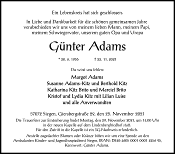 Traueranzeige von Günter Adams von Siegener Zeitung