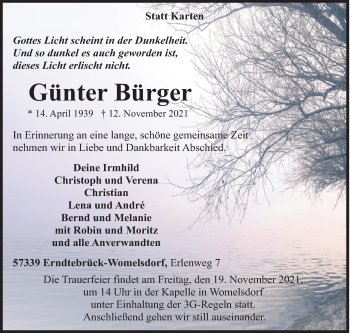 Traueranzeige von Günter Bürger von Siegener Zeitung