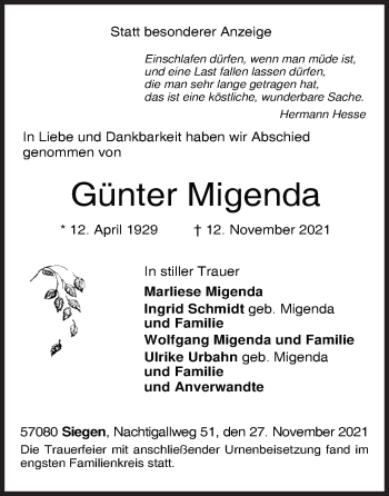Traueranzeige von Günter Migenda von Siegener Zeitung
