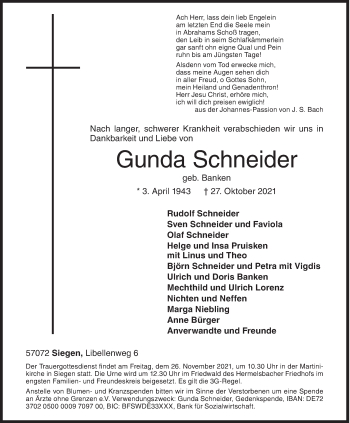 Traueranzeige von Gunda Schneider von Siegener Zeitung