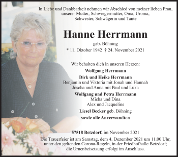 Traueranzeige von Hanne Herrmann von Siegener Zeitung