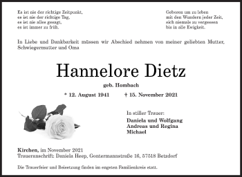 Traueranzeige von Hannelore Dietz von Siegener Zeitung