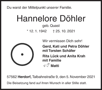 Traueranzeige von Hannelore Döhler von Siegener Zeitung