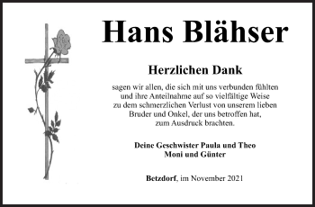 Traueranzeige von Hans Blähser von Siegener Zeitung