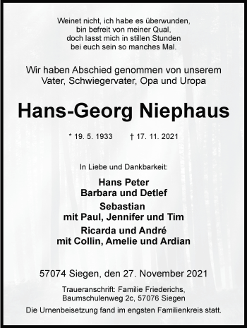 Traueranzeige von Hans-Georg Niephaus von Siegener Zeitung