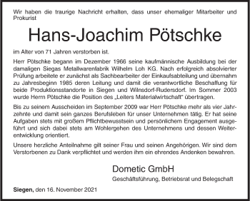 Traueranzeige von Hans-Joachim Pötschke von Siegener Zeitung