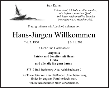 Traueranzeige von Hans-Jürgen Willkommen von Siegener Zeitung