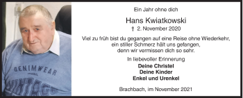 Traueranzeige von Hans Kwiatkowski von Siegener Zeitung