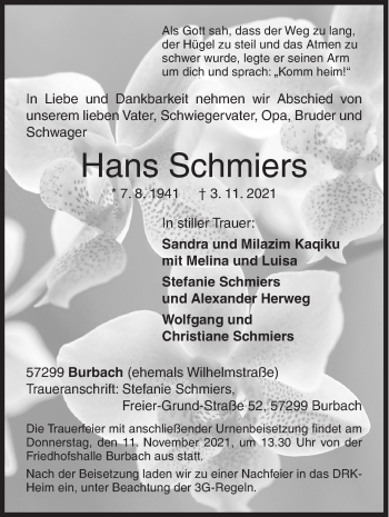 Traueranzeige von Hans Schmiers von Siegener Zeitung