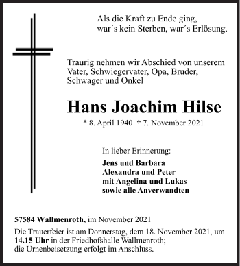 Traueranzeige von Hans Joachim Hilse von Siegener Zeitung