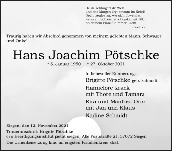 Traueranzeige von Hans Joachim Pötschke von Siegener Zeitung