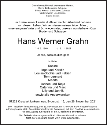 Traueranzeige von Hans Werner Grahn von Siegener Zeitung