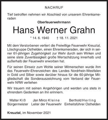 Traueranzeige von Hans Werner Grahn von Siegener Zeitung