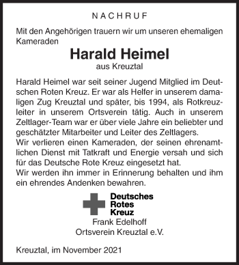 Traueranzeige von Harald Heimel von Siegener Zeitung