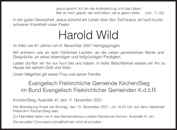 Traueranzeige von Harold Wild von Siegener Zeitung