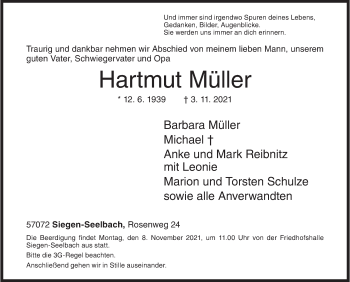 Traueranzeige von Hartmut Müller von Siegener Zeitung