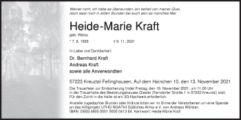 Traueranzeige von Heide-Marie Kraft von Siegener Zeitung