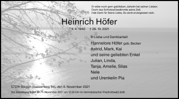 Traueranzeige von Heinrich Höfer von Siegener Zeitung