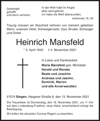 Traueranzeige von Heinrich Mansfeld von Siegener Zeitung